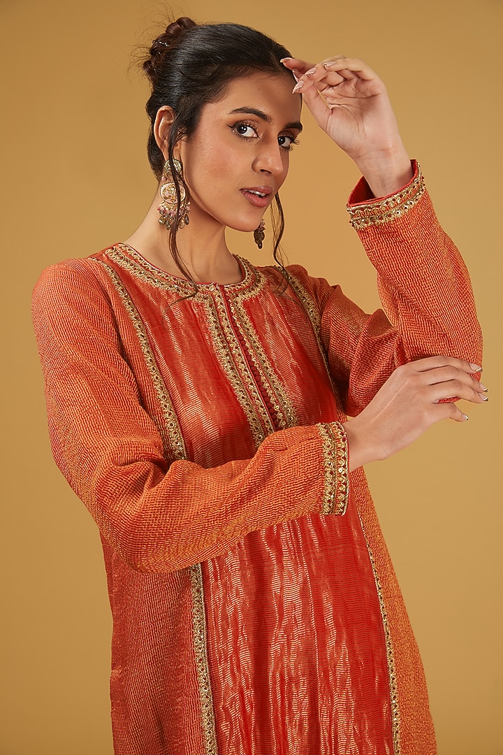 Orange Handloom Pure Cotton Silk Hand Embroidered Kurta Set by Trisvaraa at Pernia's Pop Up Shop