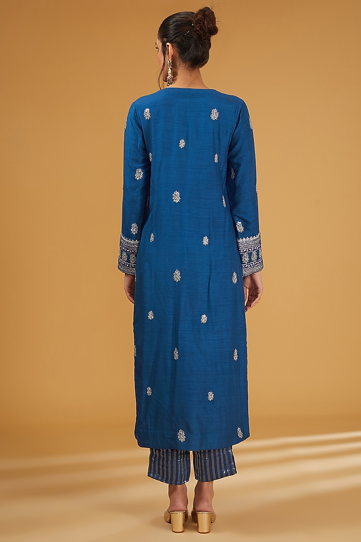 Royal Blue Pure Muga Silk Sequins Embroidered Kurta Set by Trisvaraa at Pernia's Pop Up Shop