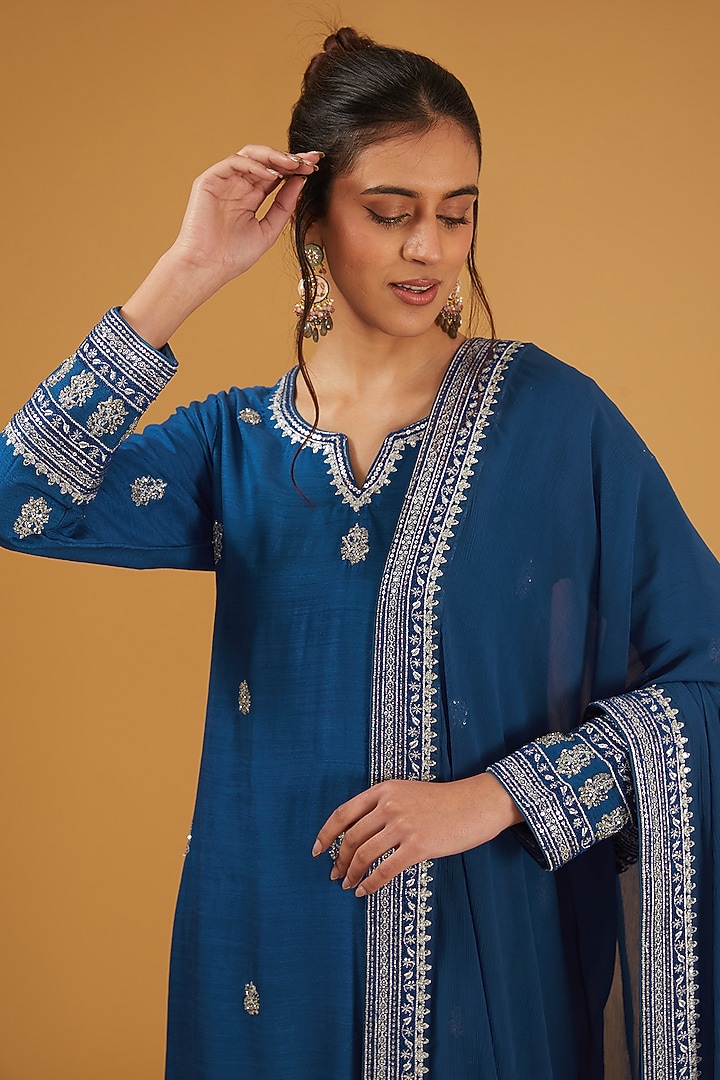 Royal Blue Pure Muga Silk Sequins Embroidered Kurta Set by Trisvaraa at Pernia's Pop Up Shop