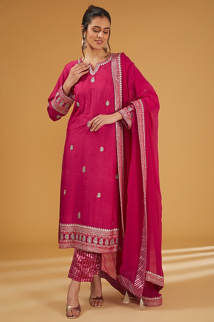 Fuchsia Pink Pure Muga Silk Sequins Embroidered Kurta Set by Trisvaraa at Pernia's Pop Up Shop