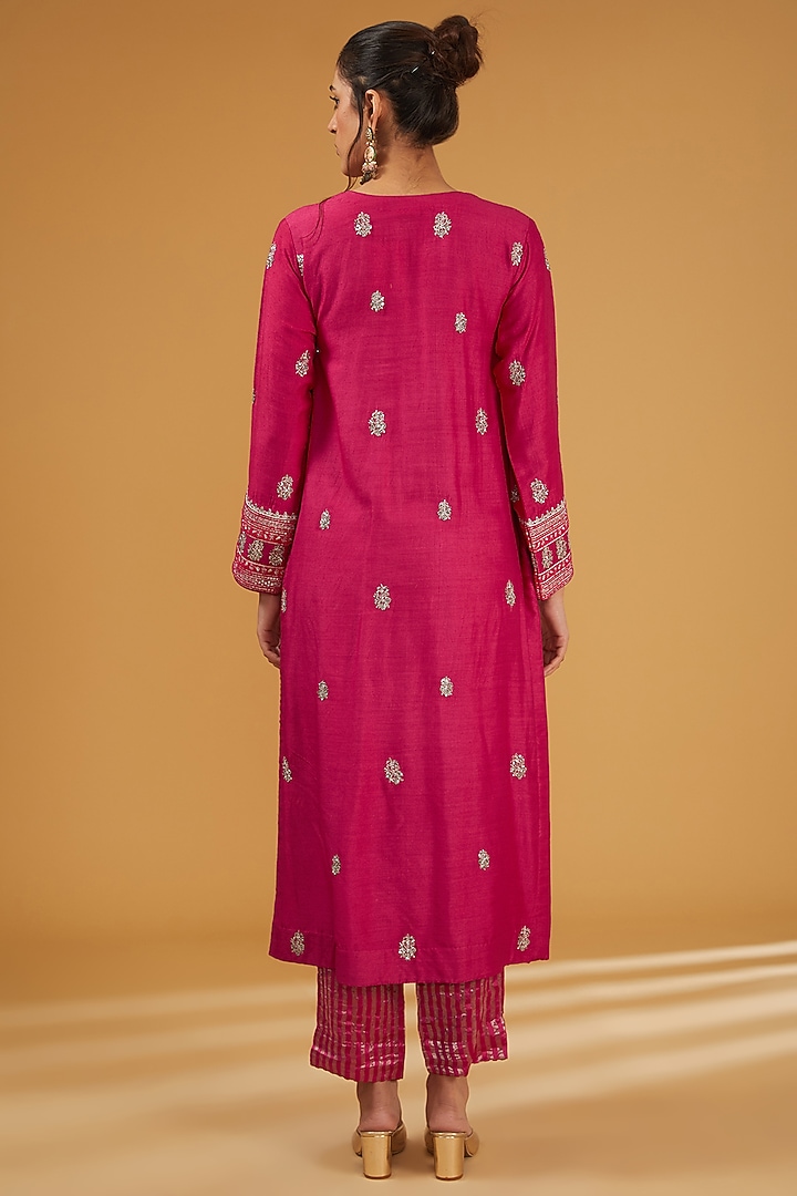 Fuchsia Pink Pure Muga Silk Sequins Embroidered Kurta Set by Trisvaraa at Pernia's Pop Up Shop