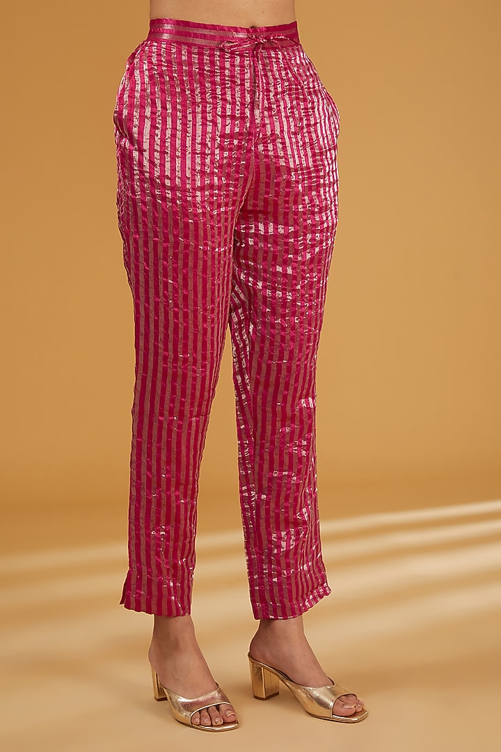 Fuchsia Pink Pure Muga Silk Sequins Embroidered Kurta Set by Trisvaraa at Pernia's Pop Up Shop