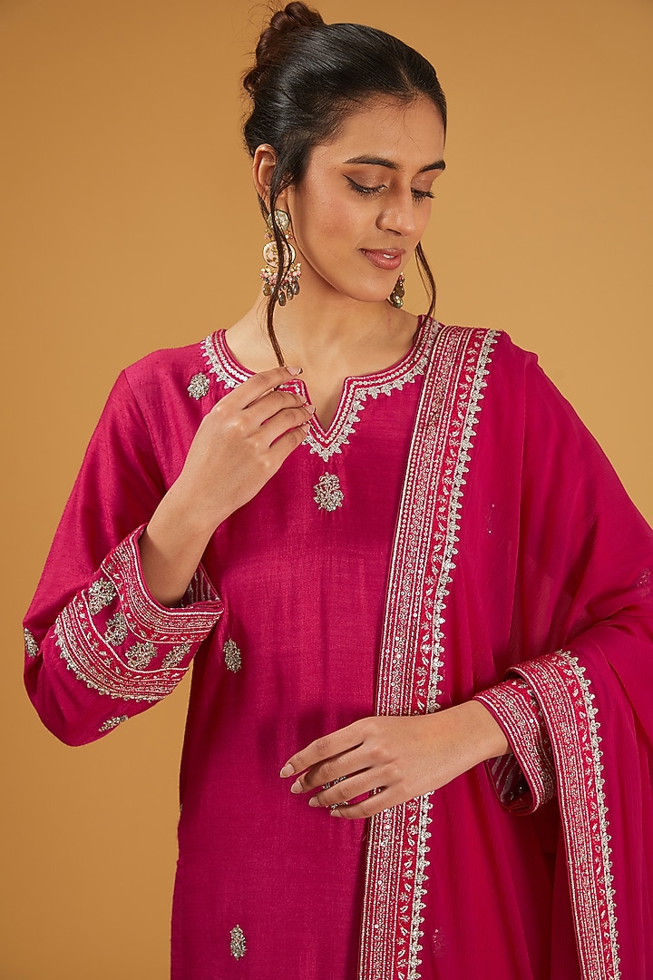 Fuchsia Pink Pure Muga Silk Sequins Embroidered Kurta Set by Trisvaraa at Pernia's Pop Up Shop
