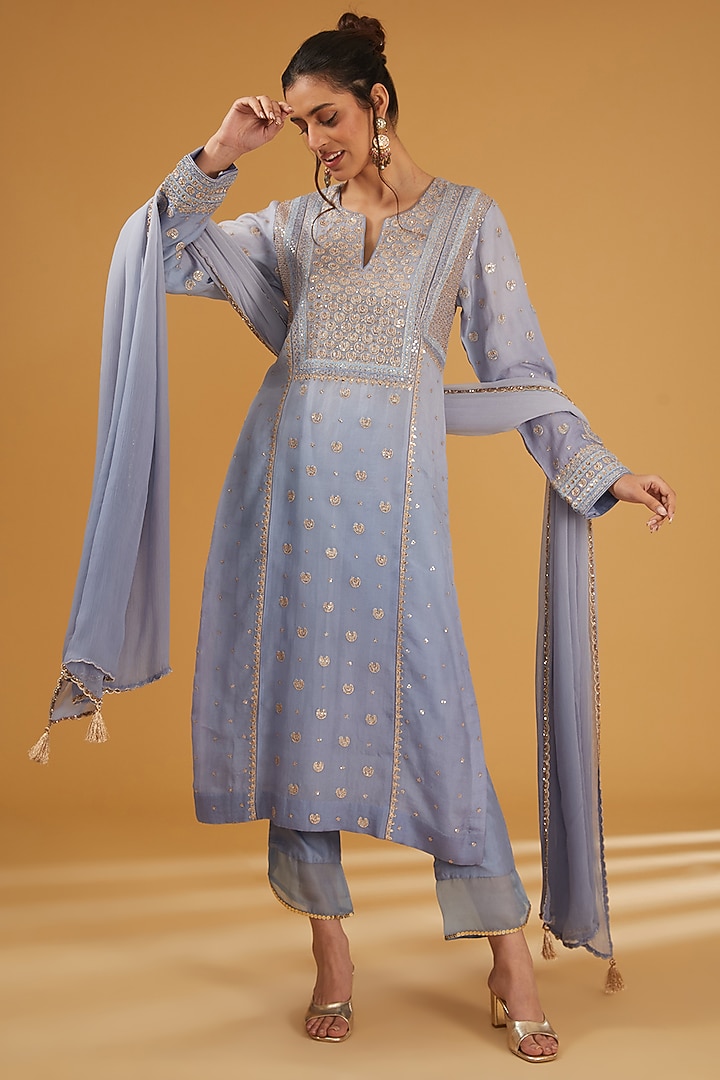 Placid Blue Pure Silk Organza Cutdana Embroidered Kurta Set by Trisvaraa at Pernia's Pop Up Shop