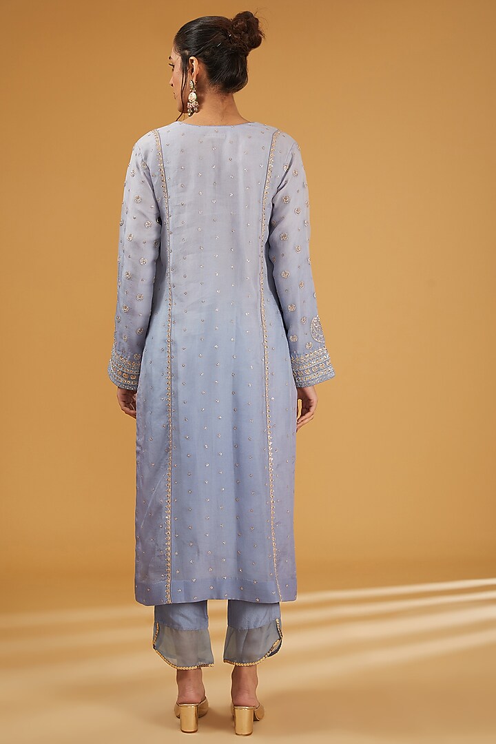 Placid Blue Pure Silk Organza Cutdana Embroidered Kurta Set by Trisvaraa at Pernia's Pop Up Shop
