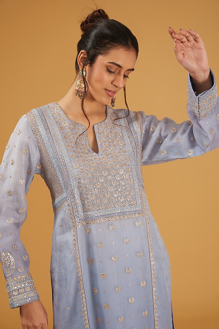 Placid Blue Pure Silk Organza Cutdana Embroidered Kurta Set by Trisvaraa at Pernia's Pop Up Shop