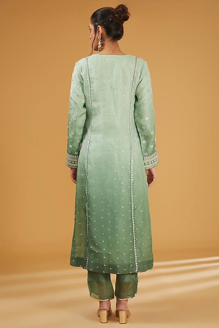 Fern Green Pure Silk Organza Cutdana Embroidered Kurta Set by Trisvaraa at Pernia's Pop Up Shop