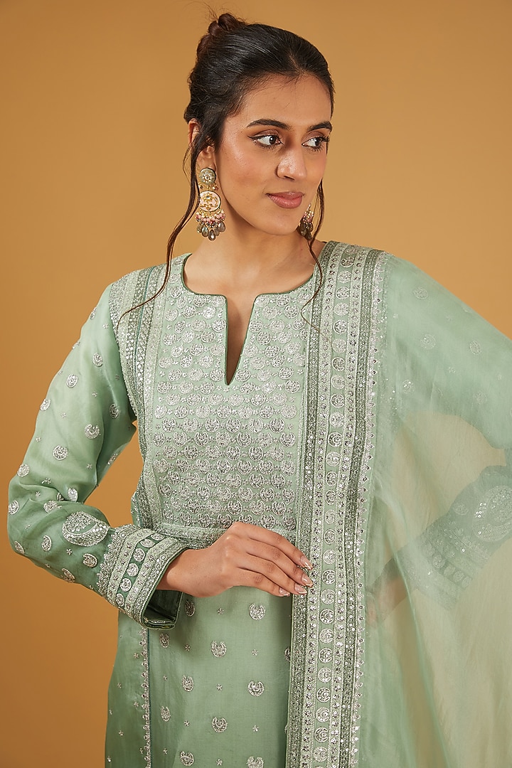Fern Green Pure Silk Organza Cutdana Embroidered Kurta Set by Trisvaraa at Pernia's Pop Up Shop