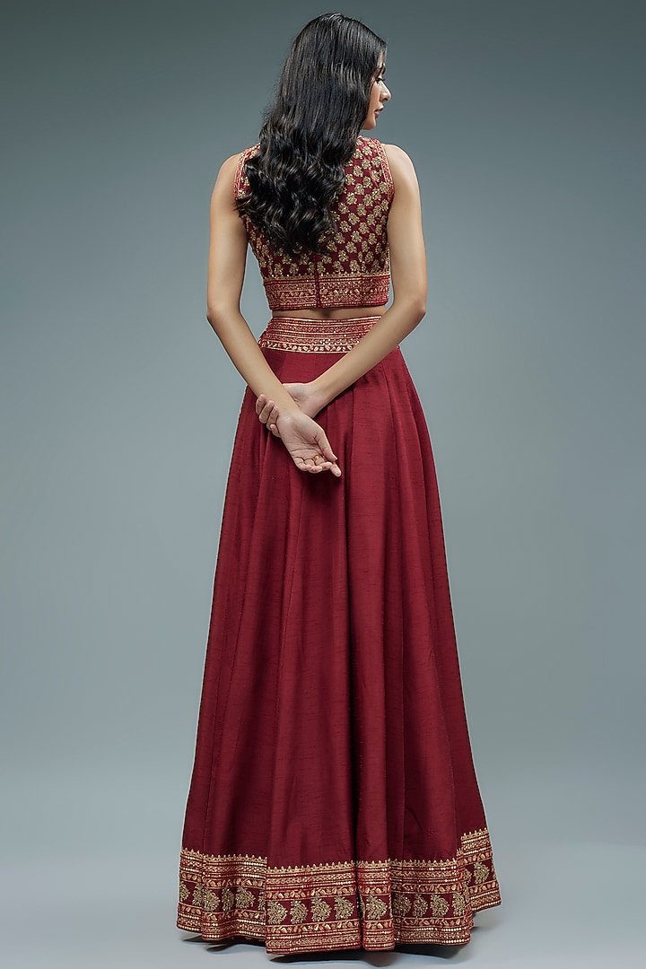 Maroon Raw Silk Cutdana Hand Embroidered Wedding Lehenga Set by Trisvaraa at Pernia's Pop Up Shop