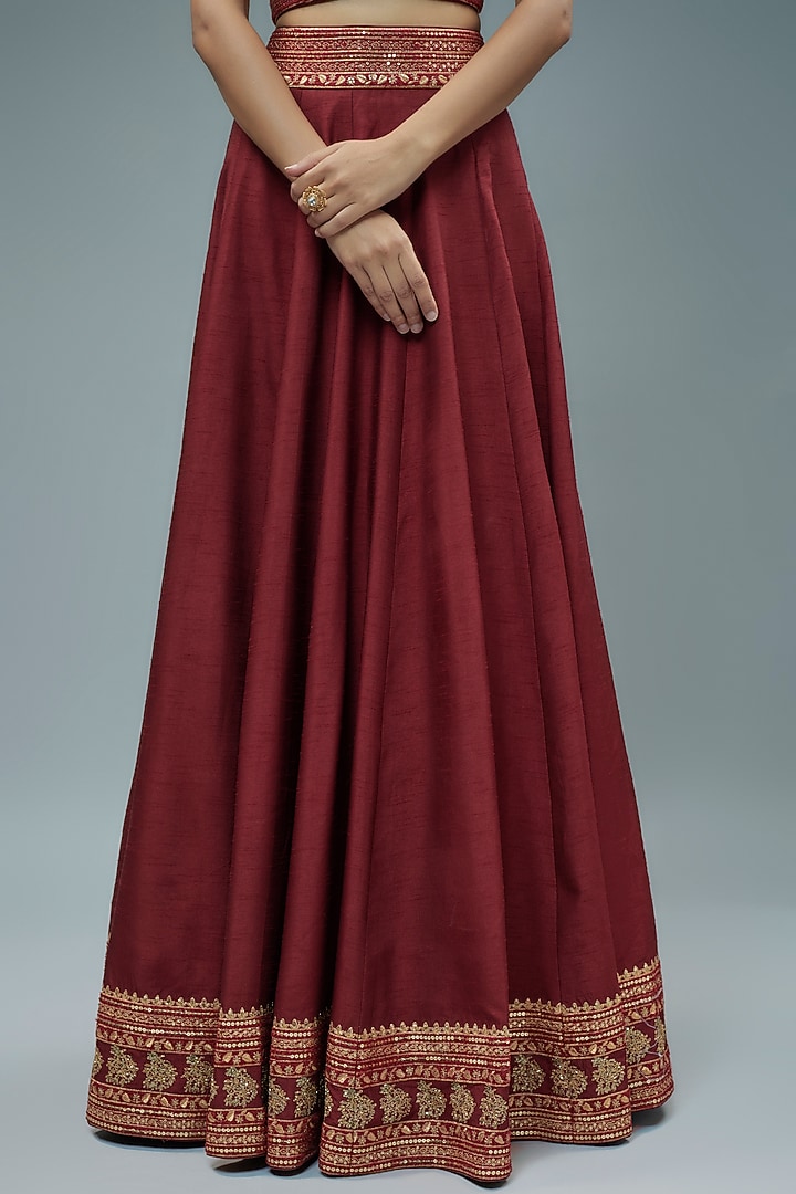Maroon Raw Silk Cutdana Hand Embroidered Wedding Lehenga Set by Trisvaraa at Pernia's Pop Up Shop