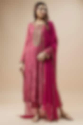 Magenta Pink Handwoven Pure Cotton Silk Zardosi Hand Embroidered Kurta Set by Trisvaraa at Pernia's Pop Up Shop