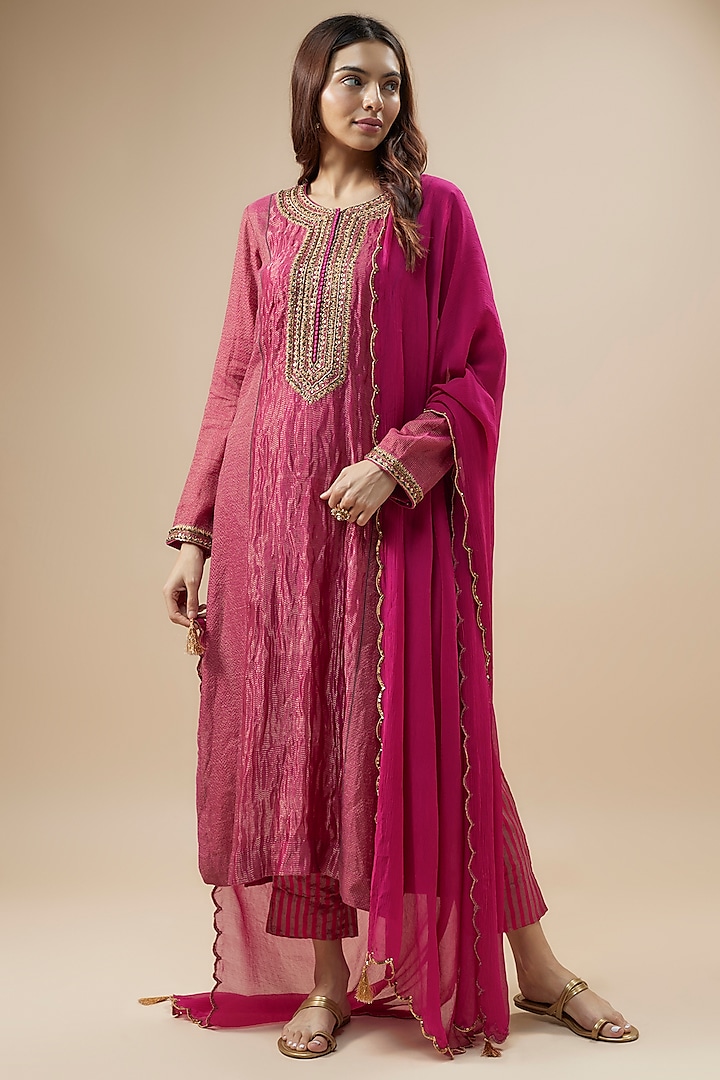 Magenta Pink Handwoven Pure Cotton Silk Zardosi Hand Embroidered Kurta Set by Trisvaraa at Pernia's Pop Up Shop