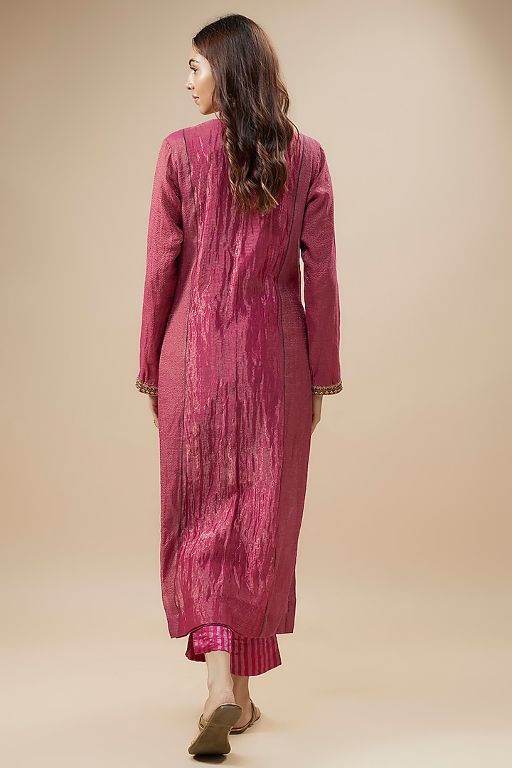 Magenta Pink Handwoven Pure Cotton Silk Zardosi Hand Embroidered Kurta Set by Trisvaraa at Pernia's Pop Up Shop