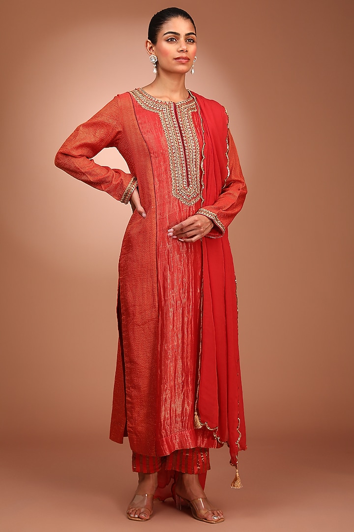 Orange Handloom Cotton Silk Zardosi Embroidered Striped Kurta Set by Trisvaraa at Pernia's Pop Up Shop