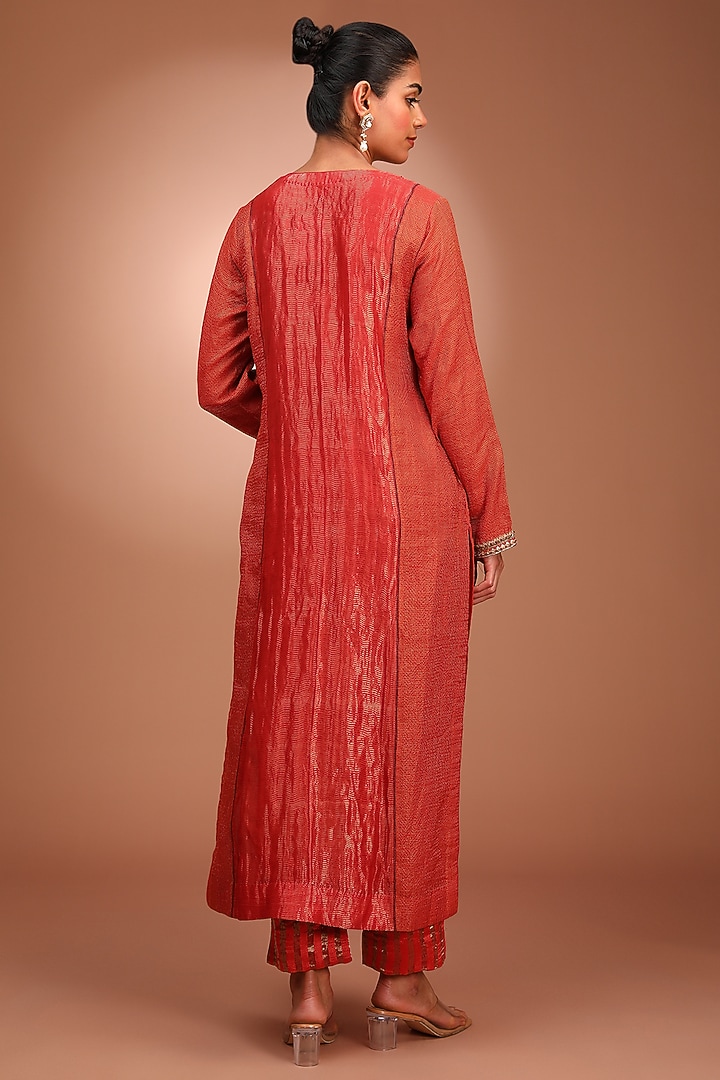 Orange Handloom Cotton Silk Zardosi Embroidered Striped Kurta Set by Trisvaraa at Pernia's Pop Up Shop