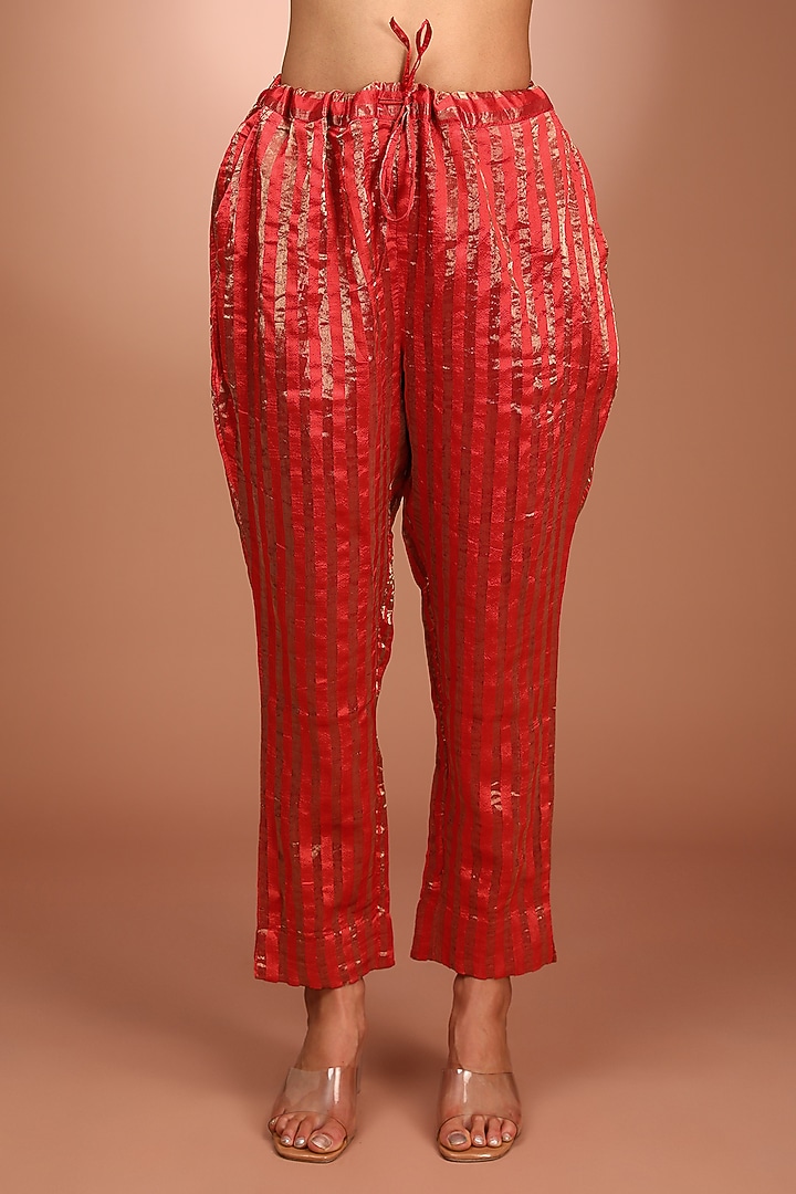 Orange Handloom Cotton Silk Zardosi Embroidered Striped Kurta Set by Trisvaraa at Pernia's Pop Up Shop