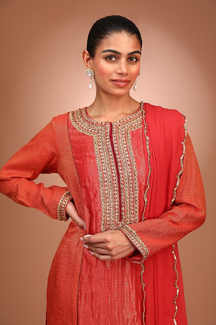 Orange Handloom Cotton Silk Zardosi Embroidered Striped Kurta Set by Trisvaraa at Pernia's Pop Up Shop
