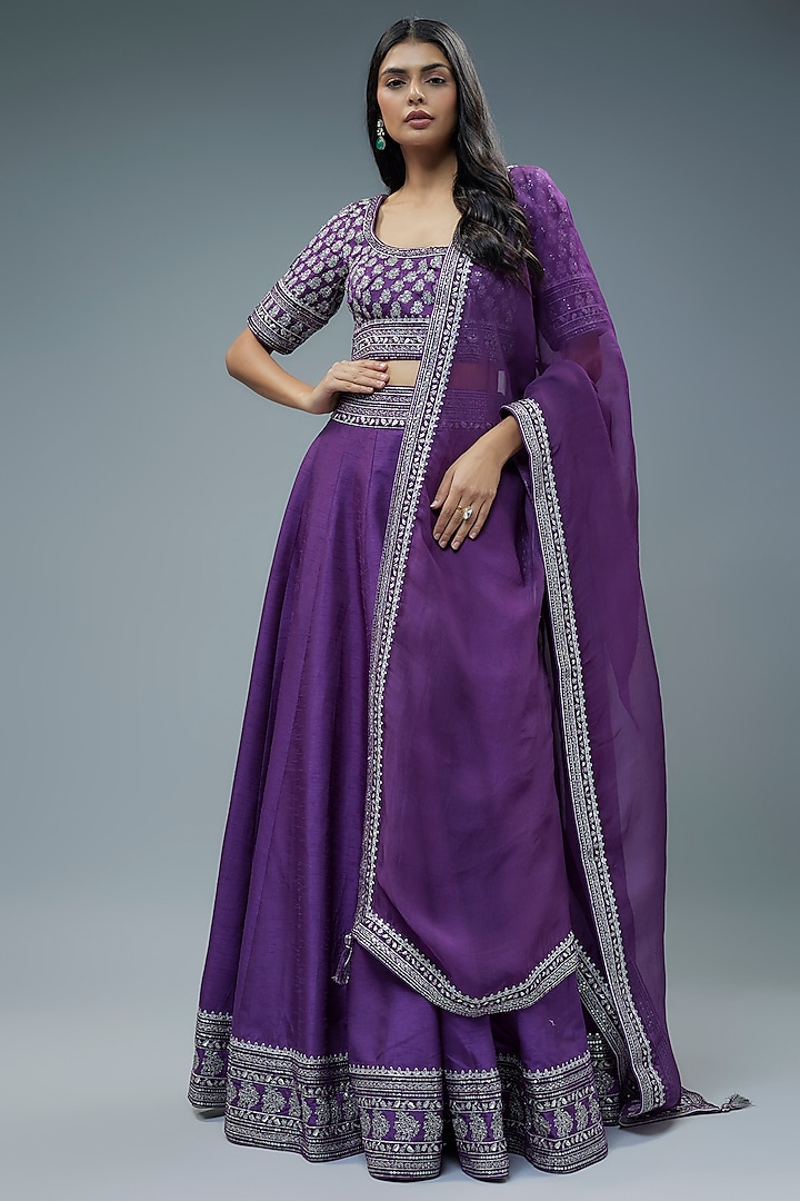 Purple Raw Silk Cutdana Hand Embroidered Wedding Lehenga Set by Trisvaraa at Pernia's Pop Up Shop