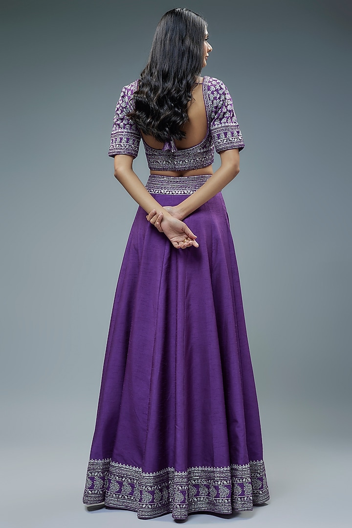 Purple Raw Silk Cutdana Hand Embroidered Wedding Lehenga Set by Trisvaraa at Pernia's Pop Up Shop