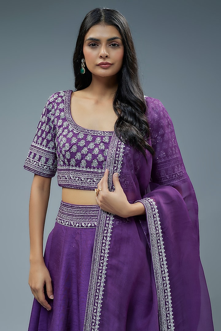 Purple Raw Silk Cutdana Hand Embroidered Wedding Lehenga Set by Trisvaraa at Pernia's Pop Up Shop