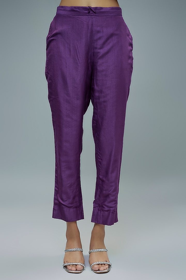 Purple Crinkled Cotton Mirror Hand Embroidered Kurta Set by Trisvaraa at Pernia's Pop Up Shop