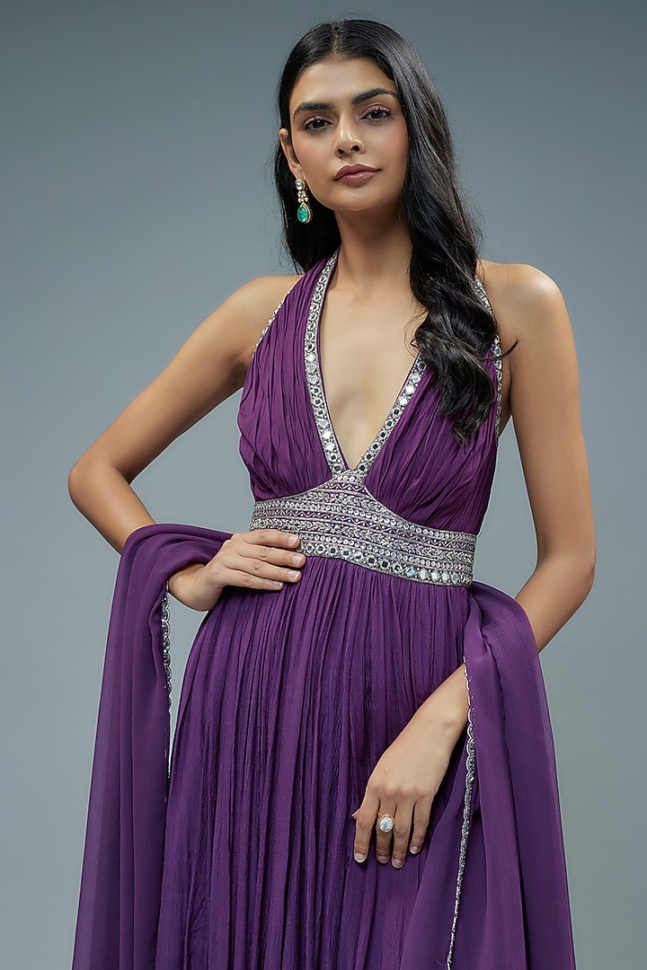 Purple Crinkled Cotton Mirror Hand Embroidered Kurta Set by Trisvaraa at Pernia's Pop Up Shop