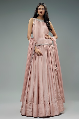 Pink Metallic Georgette Silk Lehenga Set by Trisvaraa