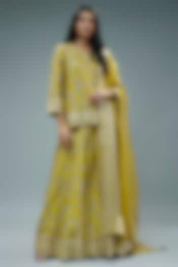 Yellow Raw Silk Blend Hand Embroidered Sharara Set by Trisvaraa at Pernia's Pop Up Shop