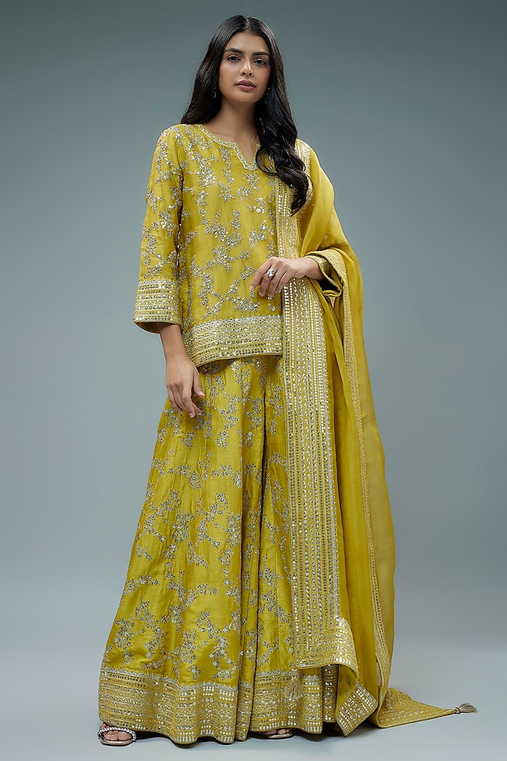 Yellow Raw Silk Blend Hand Embroidered Sharara Set by Trisvaraa at Pernia's Pop Up Shop