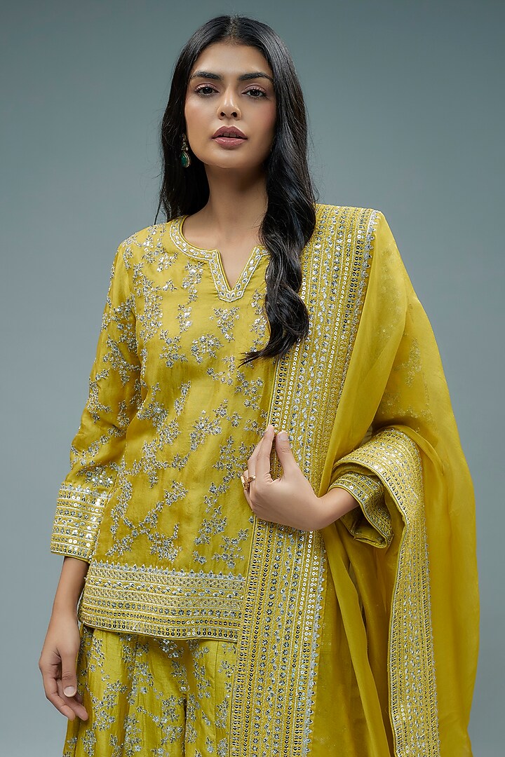 Yellow Raw Silk Blend Hand Embroidered Wedding Sharara Set by Trisvaraa at Pernia's Pop Up Shop