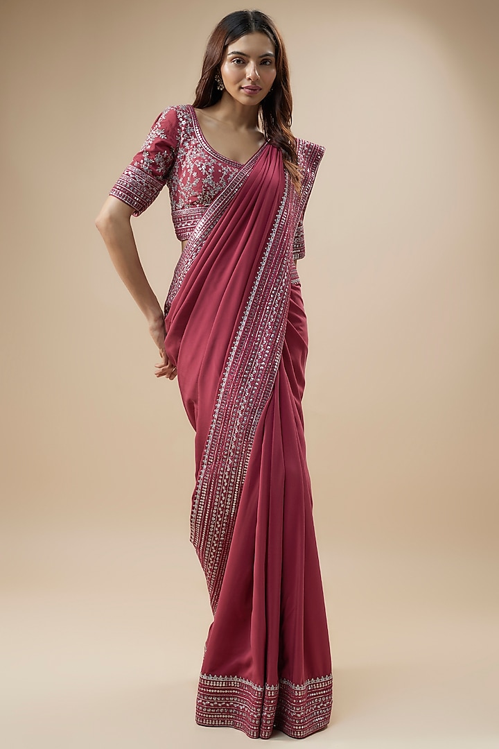 Rani Pink Pure Silk Organza Sequins Embroidered Saree Set by Trisvaraa at Pernia's Pop Up Shop