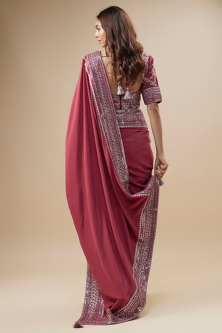 Rani Pink Pure Silk Organza Sequins Embroidered Wedding Saree Set by Trisvaraa at Pernia's Pop Up Shop