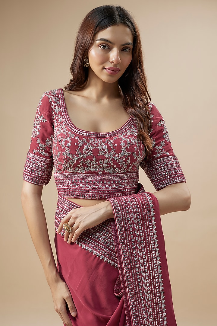 Rani Pink Pure Silk Organza Sequins Embroidered Wedding Saree Set by Trisvaraa at Pernia's Pop Up Shop