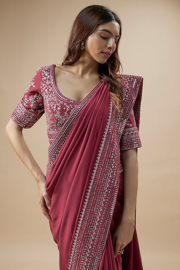 Rani Pink Pure Silk Organza Sequins Embroidered Wedding Saree Set by Trisvaraa at Pernia's Pop Up Shop