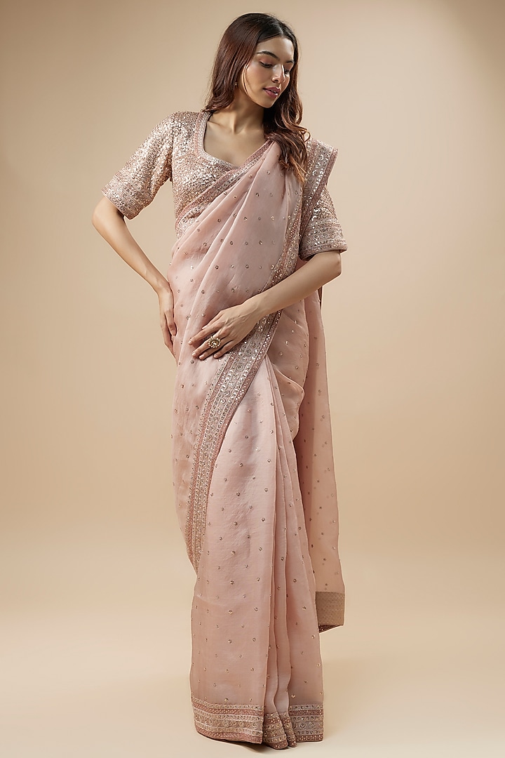 Dusty Pink Pure Silk Organza Cutdana Embroidered Saree Set by Trisvaraa at Pernia's Pop Up Shop