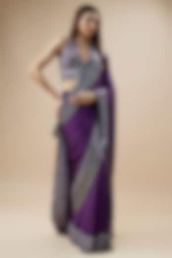 Aubergine Pure Crepe Silk Crystal Hand Embroidered Saree Set by Trisvaraa