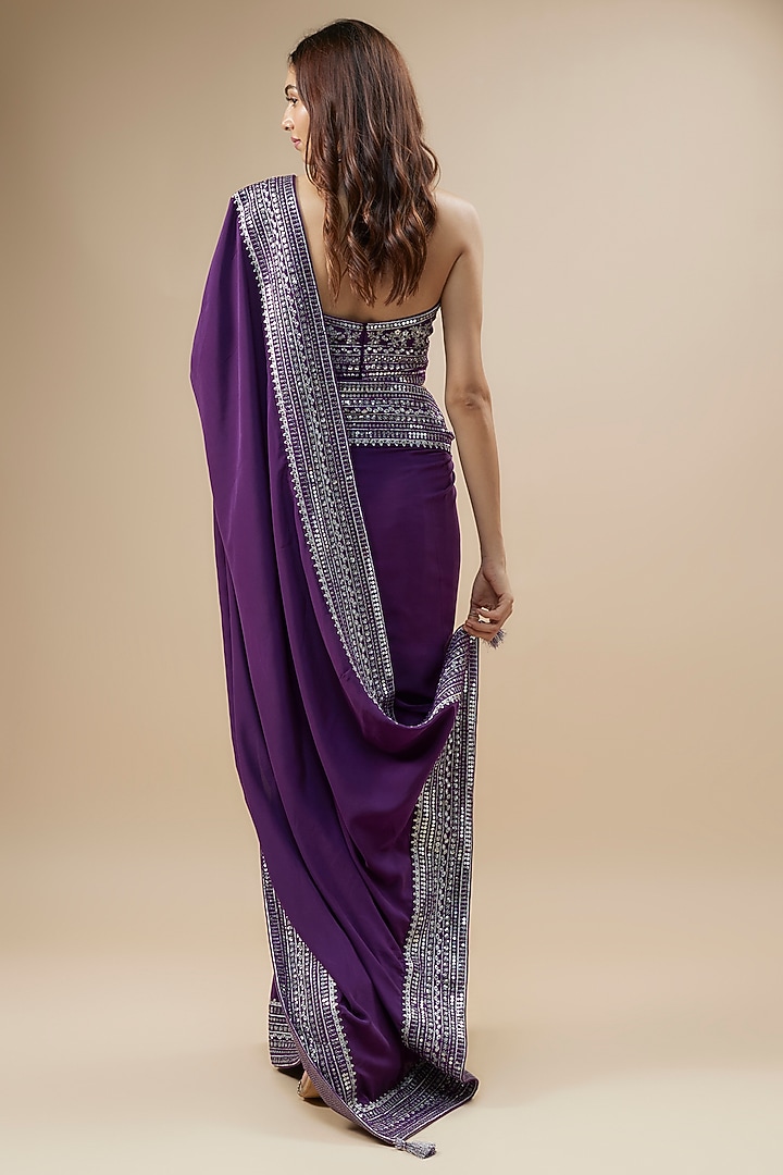 Aubergine Pure Crepe Silk Crystal Hand Embroidered Wedding Saree Set by Trisvaraa at Pernia's Pop Up Shop