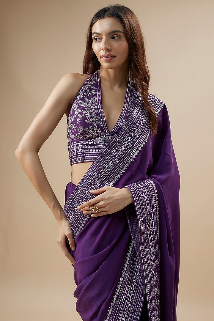 Aubergine Pure Crepe Silk Crystal Hand Embroidered Wedding Saree Set by Trisvaraa at Pernia's Pop Up Shop