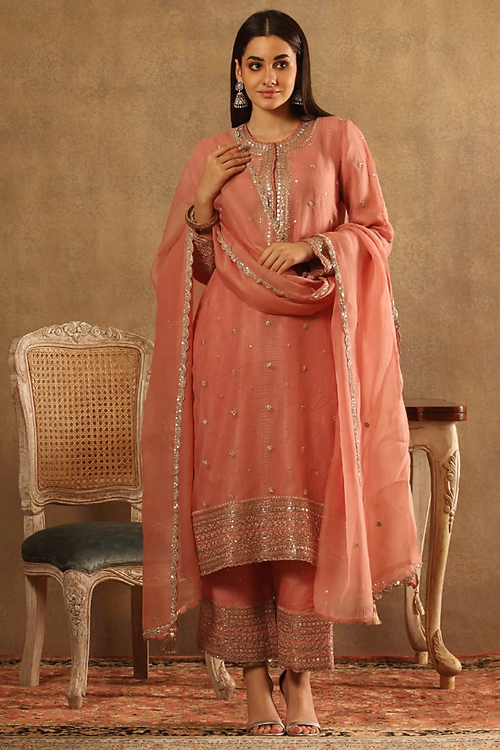 Strawberry Ice Pink Katan Silk Embroidered Kurta Set by Trisvaraa at Pernia's Pop Up Shop