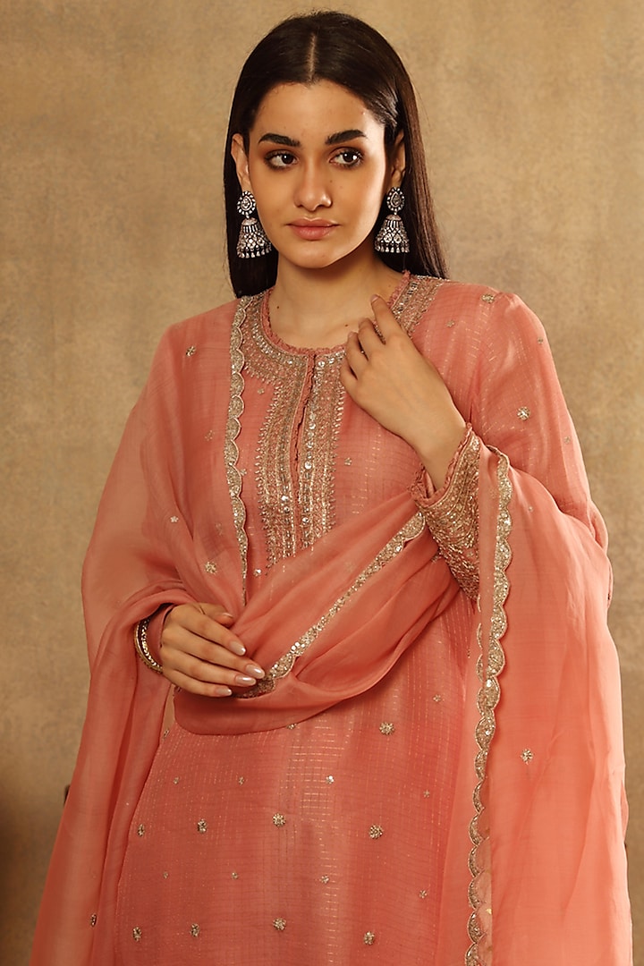 Strawberry Ice Pink Katan Silk Embroidered Kurta Set by Trisvaraa at Pernia's Pop Up Shop