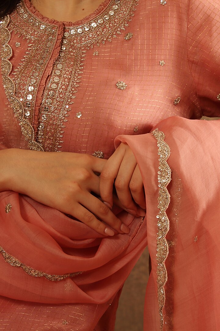 Strawberry Ice Pink Katan Silk Embroidered Kurta Set by Trisvaraa at Pernia's Pop Up Shop