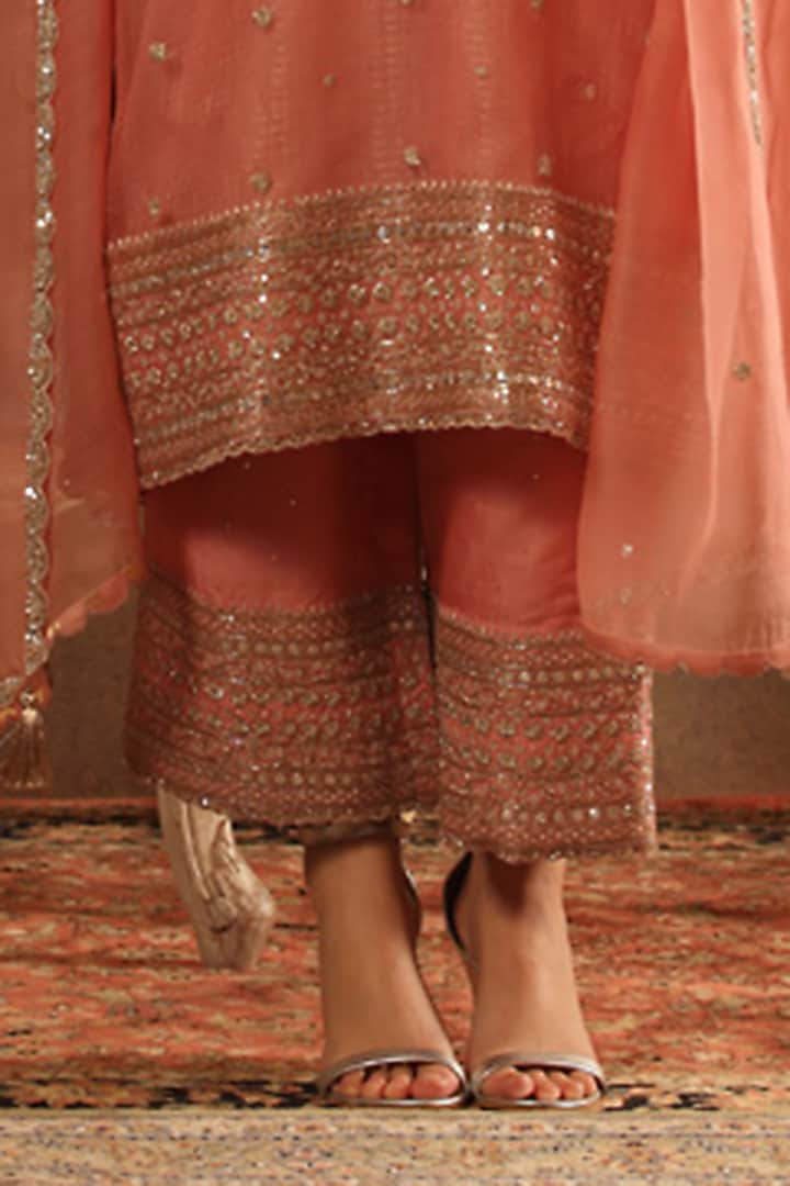 Strawberry Ice Pink Katan Silk Embroidered Kurta Set by Trisvaraa at Pernia's Pop Up Shop