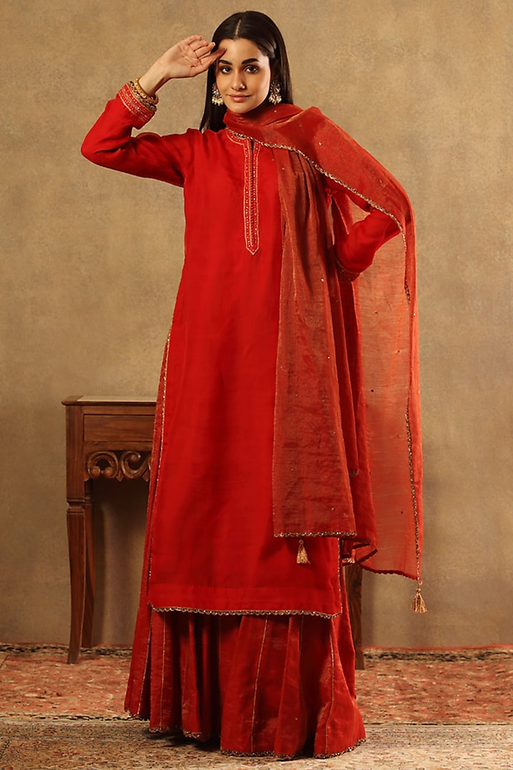 Red Handwoven Pure Silk Cotton Sharara Set by Trisvaraa