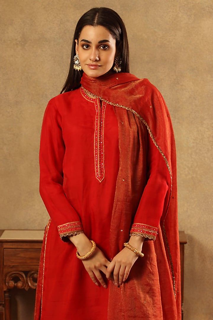 Red Handwoven Pure Silk Cotton Wedding Sharara Set by Trisvaraa at Pernia's Pop Up Shop