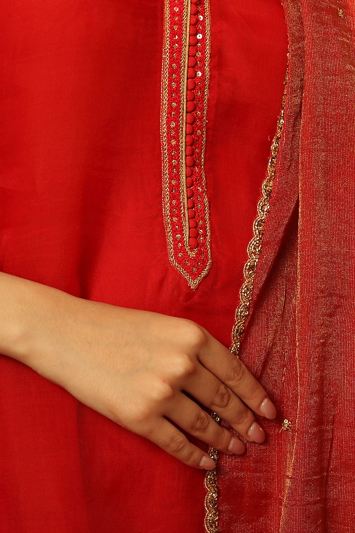 Red Handwoven Pure Silk Cotton Wedding Sharara Set by Trisvaraa at Pernia's Pop Up Shop