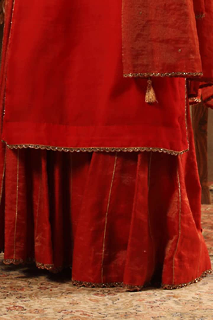 Red Handwoven Pure Silk Cotton Wedding Sharara Set by Trisvaraa at Pernia's Pop Up Shop