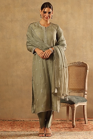 Sea Green Handwoven Katan Silk Embroidered Kurta Set by Trisvaraa