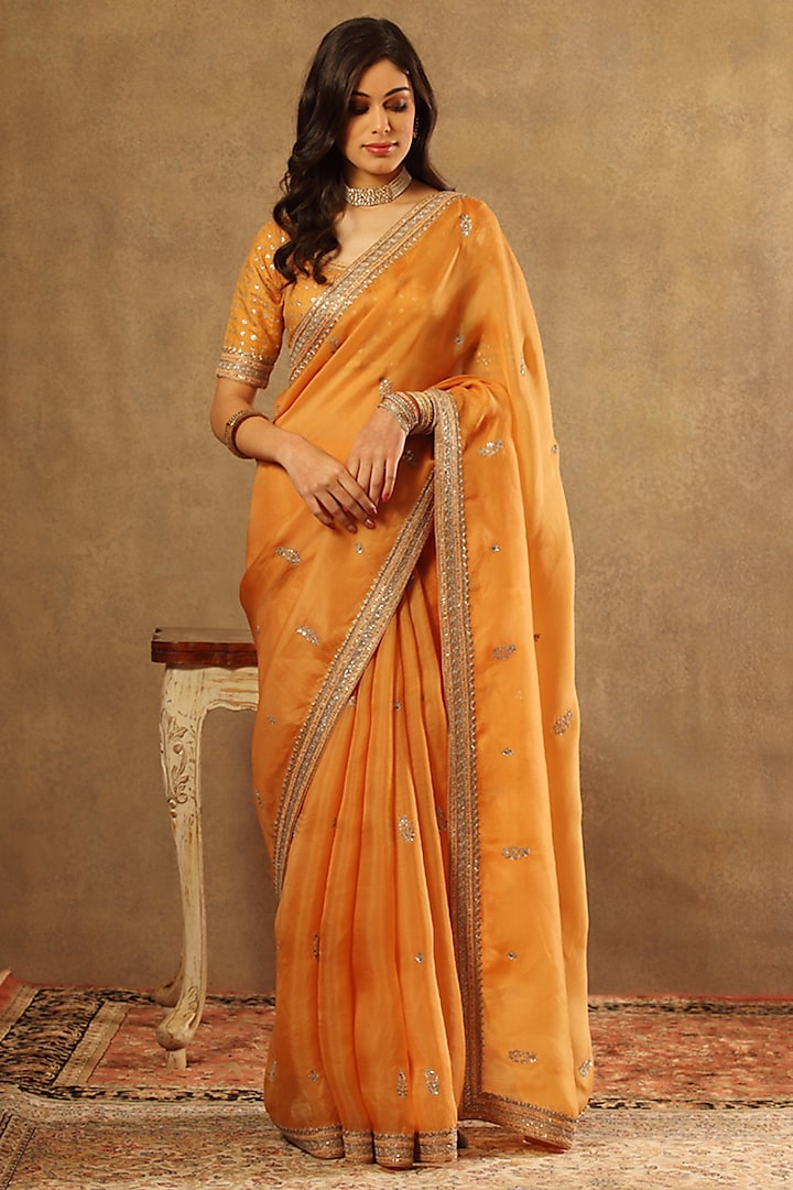 Marigold Yellow Pure Silk Organza Hand Embroidered Saree Set by Trisvaraa