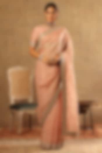 Dusty Pink Pure Silk Organza Hand Embroidered Wedding Saree Set by Trisvaraa at Pernia's Pop Up Shop