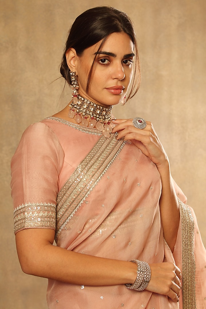 Dusty Pink Pure Silk Organza Hand Embroidered Reception Saree Set by Trisvaraa at Pernia's Pop Up Shop